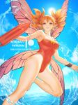  1girl artist_name blue_eyes breasts butterfly_wings day facial_mark fairy_wings feo_ul final_fantasy final_fantasy_xiv highleg highleg_swimsuit lifeguard looking_at_viewer medium_breasts mystra77 one-piece_swimsuit orange_hair pointy_ears red_one-piece_swimsuit short_hair short_twintails solo swimsuit twintails water web_address whistle whistle_around_neck wings 