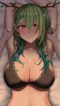  1girl arm_behind_head arm_up armpit_crease armpits arms_behind_head arms_up bed bed_sheet black_bra blush bra braid breasts bustier ceres_fauna cleavage collarbone flower green_hair hair_flower hair_ornament hair_over_shoulder highres hololive hololive_english horns kotodekun large_breasts lingerie long_hair looking_at_viewer lying mole mole_under_eye multicolored_hair on_back on_bed presenting_armpit side_braid single_braid smile streaked_hair underwear underwear_only virtual_youtuber yellow_eyes 