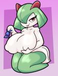  2023 absurd_res big_breasts breasts candy dessert digital_media_(artwork) eyebrows female food generation_3_pokemon hair hi_res huge_breasts kirlia kneeling looking_at_viewer nintendo pokemon pokemon_(species) simple_background solo someth1ngoranother tongue tongue_out 