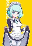  1girl apron aqua_eyes aqua_hair aqua_necktie bangs black_dress chibikki clothes_lift dress dress_lift highres hologram long_sleeves looking_at_viewer maid maid_apron maid_headdress necktie original robot_ears robot_girl short_necktie simple_background smile yellow_background 