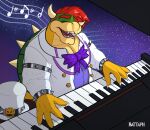  anthro battaph bowser clothing hat headgear headwear hi_res keyboard_instrument male mario_bros musical_instrument musical_note nintendo piano playing_music singing solo suit wedding_clothing 