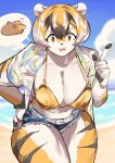  &lt;3 absurd_res aloha_shirt anthro arknights aspirindabaitu beach bottomwear breasts clothed clothing cutoffs daisy_dukes denim denim_clothing digital_media_(artwork) felid female fur gesture gold_bikini hair hi_res hotpants hypergryph mammal midriff open_mouth pantherine pattern_clothing pattern_shirt pattern_topwear pointing pointing_up seaside shirt shorts solo speech_bubble studio_montagne thick_thighs tiger topwear waaifu_(arknights) 