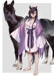  1girl alternate_costume animal_ears arm_up bare_legs barefoot black_hair breasts cleavage closed_mouth commentary_request full_body grey_background hair_between_eyes horse horse_ears kurokoma_saki large_breasts long_hair looking_at_viewer no_headwear pegasus_wings red_eyes simple_background smile solo standing syuri22 toes touhou 