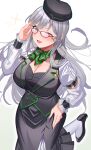  absurdres amahara_subaru ascot beret black_footwear breasts buttons cleavage cowboy_shot double-breasted dress eyewear_strap from_above glasses gradient_background green_eyes grey_hair hand_on_own_hip hand_up hat highres indie_virtual_youtuber kawasaki_sui large_breasts long_dress long_sleeves looking_at_viewer one_eye_closed open_mouth plaid red-framed_eyewear simple_background smile sparkle standing standing_on_one_leg virtual_youtuber 