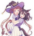  2girls animal_ears black_hair blush bow bowtie brown_footwear brown_hair hair_rings hat highres horse_ears horse_girl horse_tail kitasan_black_(umamusume) komasawa_(fmn-ppp) lifting_person long_hair multicolored_hair multiple_girls open_mouth purple_eyes purple_shirt red_eyes sailor_collar shirt shoes short_sleeves simple_background skirt smile standing streaked_hair sweep_tosho_(umamusume) tail tail_through_clothes thighhighs twintails two_side_up umamusume white_background white_skirt white_thighhighs witch_hat 