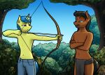  anthro apocheck13 archery arrow_(weapon) bottomwear bow_(feature) clothing duo equid equine flash_gordon hi_res horn horse lesson loincloth male mammal moonshadow_(oc) native_american native_american_clothing outside ranged_weapon shirtless unicorn weapon 