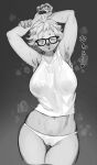  &lt;3 absurd_res anthro biped bodily_fluids breasts eyewear factory female freckles front_view fur glasses greyscale hair hands_above_head hi_res japanese_text mammal midriff monochrome one_eye_closed pawpads pororikin portrait raised_arms short_hair solo standing steam sweat text thigh_gap three-quarter_portrait 