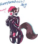  anthro ball_gag bluecoffeedog chastity_cage chastity_device clothing collar english_text eyewear gag glasses hi_res male mammal procyonid raccoon rubber rubber_clothing rubber_suit simple_background solo text white_background 