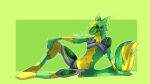  &gt;w&lt; abstract_background anthro claws fingers fur green_body green_fur iz_sketch machine male multicolored_body multicolored_fur onion_(lonelytoaster) pawpads protogen screen screen_face simple_background smug_expression smug_face smug_grin solo suggestive suggestive_pose two_tone_body yellow_body yellow_fur yellow_pawpads 