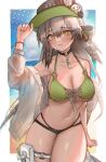  1girl absurdres arknights beach bikini black_choker black_headwear blue_sky blush breasts choker cleavage cloud cloudy_sky cowboy_shot day fartooth_(arknights) feather_hair green_bikini grey_hair hair_between_eyes hat highres kaguura_(kagu) large_breasts long_hair looking_at_viewer o-ring o-ring_choker o-ring_thigh_strap outdoors sand sky solo sweat swimsuit thick_thighs thigh_pouch thigh_strap thighs very_long_hair water yellow_eyes 