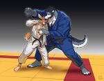  2023 4_toes 5_toes anthro artist_logo barefoot belt black_belt boosterpang boosterpang_(character) canid canine canis clothed clothing deer duo feet fight fighting_ring grabbing_another hair judo judo_flip logo male male/male male_(lore) mammal martial_arts martial_arts_dojo martial_arts_uniform short_hair speech_bubble sportswear toes wolf 