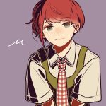  1girl bangs collared_shirt danganronpa_(series) danganronpa_2:_goodbye_despair dress freckles grey_shirt highres kiri_(2htkz) koizumi_mahiru looking_at_viewer necktie pinafore_dress plaid_necktie purple_background red_hair shirt short_hair short_sleeves signature simple_background smile solo upper_body white_shirt 