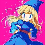  1girl blonde_hair blue_eyes blue_headwear blue_robe blunt_ends closed_mouth cowboy_shot hands_on_own_hips hat juliet_sleeves long_hair long_sleeves madou_monogatari pink_background puffy_sleeves puyopuyo rakuni robe smile solo star_(symbol) starry_background v-shaped_eyebrows wide_sleeves witch witch_(puyopuyo) 