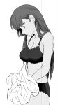  1girl black_bra black_panties bra from_side grey_hair greyscale holding holding_clothes holding_shirt long_hair looking_down monochrome navel original panties shirt simple_background solo standing underwear undressing white_background white_shirt yamada_taro_(yamada_tarou00) 