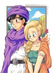  1boy 1girl armlet belt bianca_(dq5) black_eyes black_hair blonde_hair blue_eyes blush braid cape character_name closed_mouth cloud collarbone couple cowboy_shot dated defense_zero dragon_quest dragon_quest_v dress green_dress hair_over_shoulder hero_(dq5) hetero long_hair looking_to_the_side official_style orange_cape purple_cape single_braid sky standing toriyama_akira_(style) turban twitter_username v_arms white_tunic 