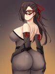  1girl ass ass_focus bare_shoulders blush bodysuit breasts brown_eyes brown_hair commission detached_sleeves domino_mask fire_emblem fire_emblem_fates gloves hair_over_one_eye hand_on_own_thigh highres huge_ass kagero_(fire_emblem) kagero_(thief)_(fire_emblem) large_breasts long_hair looking_at_viewer looking_back mask mature_female mogura_(mogura108) official_alternate_costume phantom_thief ponytail red_ribbon ribbon sideboob simple_background skeb_commission skin_tight solo thief 