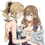  2girls absurdres bare_shoulders black_bodysuit black_bow blanket blonde_hair blue_eyes blush bodysuit bow breasts brown_hair closed_mouth collarbone dress earrings flower genshin_impact green_eyes hair_between_eyes hair_bow hair_flower hair_ornament hands_up highres holding jean_(genshin_impact) jewelry large_breasts lisa_(genshin_impact) long_hair looking_at_another looking_down medium_breasts multiple_girls open_mouth ponytail purple_dress purple_flower purple_rose rose simple_background sleeveless sleeveless_dress standing strapless strapless_dress sweatdrop teeth tongue two-tone_bodysuit v-shaped_eyebrows white_background white_bodysuit yamabuki0211 yuri 