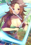  &gt;:) 1girl blue_shorts breasts brown_eyes brown_hair brown_jacket cleavage closed_mouth collarbone commentary_request commission crossed_swords forehead holding holding_sword holding_weapon jacket katana kou_hiyoyo large_breasts long_hair looking_at_viewer open_clothes open_jacket original ponytail scar scar_across_eye short_shorts short_sleeves shorts skeb_commission smile solo sword v-shaped_eyebrows weapon 