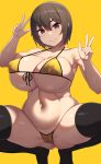  1girl bikini black_hair black_thighhighs breasts brown_eyes cameltoe cleavage closed_mouth collarbone commentary_request hair_between_eyes highres huge_breasts looking_at_viewer navel original samegami short_hair simple_background smile solo squatting stomach swimsuit thighhighs underboob yellow_background yellow_bikini 