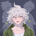  1boy :d artist_name boleum_(dgrpluna) collarbone crossed_arms danganronpa_(series) danganronpa_2:_goodbye_despair green_eyes green_jacket grey_hair grin hair_between_eyes hood hood_down hooded_jacket jacket komaeda_nagito male_focus messy_hair multiple_views outline shirt smile teeth upper_teeth_only white_outline white_shirt 