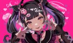  1girl bat_wings black_choker black_hair black_hairband black_nails blunt_bangs candy choker commentary_request demon_horns denonbu double_ok_sign ear_piercing fake_wings food hair_ornament hair_ribbon hairband heart highres horns ikada_(ikadadada) long_hair long_sleeves looking_at_viewer multicolored_hair nail_polish official_alternate_costume official_art ok_sign open_mouth piercing pink_background pomemori reml ribbon smile solo sparkle twintails upper_body wings x_hair_ornament 