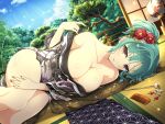  1girl architecture armpit_crease bamboo bare_legs bare_shoulders bashou_(senran_kagura) blue_sky blush breasts cleavage closed_mouth cloud collarbone comb come_hither day east_asian_architecture fingernails floral_print floral_print_kimono flower green_hair hair_flower hair_ornament hair_stick hand_on_own_thigh indoors japanese_clothes jewelry kimono lantern large_breasts leaf light_particles looking_at_viewer lying nail_polish nature obi official_alternate_costume official_alternate_hairstyle official_art on_floor on_side paper_lantern plant ponytail purple_eyes railing red_nails sash senran_kagura senran_kagura_new_link senran_kagura_new_wave shiny_skin short_kimono shouji sky sliding_doors solo sparkle sunlight tatami thighs tree white_flower wooden_railing 