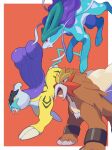  absurdres border claws entei fangs from_side gogot highres no_humans open_mouth pokemon pokemon_(creature) raikou red_eyes standing suicune tongue tusks white_border 