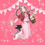  1girl aerith_gainsborough bangle bangs basket blush boots bow bracelet braid braided_ponytail breasts brown_footwear choker cleavage cropped_jacket dress final_fantasy final_fantasy_vii final_fantasy_vii_remake floating flower flower_basket flower_choker full_body green_eyes hair_bow hair_ribbon happy_birthday highres holding holding_basket jacket jewelry lily_(flower) long_dress long_hair looking_at_viewer medium_breasts nnnmmg0725 parted_bangs pink_background pink_bow pink_dress pink_ribbon red_jacket ribbon short_sleeves sidelocks single_braid smile solo wavy_hair yellow_flower 