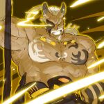  1boy arm_up armpits aura bara bodypaint broken_horn character_request dark-skinned_male dark_skin demon_boy dragalia_lost electricity electrokinesis eye_trail fighting_stance frown gradient_horns grin highres horns large_pectorals light_trail long_mustache looking_at_viewer low_ponytail male_focus mask_over_one_eye mature_male multicolored_horns muscular muscular_male old old_man oni pectorals piikeisandaa scar scar_on_arm skin-covered_horns smile solo thick_arms thick_mustache v-shaped_eyebrows yellow_aura 