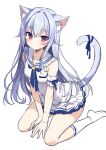  1girl animal_ear_fluff animal_ears bare_shoulders between_legs blue_bow bow breasts cat_ears cat_girl cat_tail closed_mouth commentary_request dress grey_hair hair_between_eyes hair_intakes hand_between_legs long_hair looking_at_viewer mauve no_shoes original purple_eyes sailor_collar sailor_dress simple_background sitting sketch sleeveless sleeveless_dress small_breasts smile socks soles solo tail tail_bow tail_ornament very_long_hair wariza white_background white_dress white_sailor_collar white_socks 