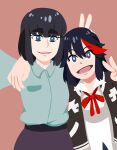  alternate_art_style black_hair h0saki jacket kill_la_kill kiryuuin_satsuki letterman_jacket matoi_ryuuko multicolored_hair official_alternate_costume red_hair selfie short_hair siblings simple_background sisters spoilers streaked_hair thick_eyebrows two-tone_hair 