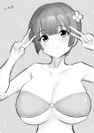  1girl absurdres bikini blush bowl_cut breasts cleavage collarbone double_v fingernails flower greyscale hair_flower hair_ornament highres huge_breasts large_breasts lemonshioo looking_at_viewer monochrome o-ring o-ring_bikini senran_kagura senran_kagura_shinovi_versus short_hair signature sketch smile solo sparkle strapless strapless_bikini swimsuit underboob upper_body v yozakura_(senran_kagura) 