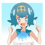  +_+ 1girl :d bare_arms blue_eyes blue_hair blue_sailor_collar blush_stickers border commentary_request excited food freckles hairband hands_up holding holding_spoon lana_(pokemon) mizu_majuu_(waterman10) no_sclera open_mouth pokemon pokemon_(game) pokemon_sm sailor_collar shaved_ice short_hair smile solo spoon upper_body w_arms white_border yellow_hairband 