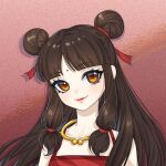  1girl bare_shoulders black_hair blunt_bangs brown_eyes chinese_clothes closed_mouth dongfang_shenwa double_bun dudou facial_mark fengwa forehead_mark hair_bun hair_ribbon highres jewelry kumu_zaisheng long_hair looking_at_viewer neck_ring parted_bangs portrait red_background red_lips red_ribbon ribbon smile solo 