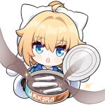  1girl ahoge animal_hood blonde_hair blue_eyes can canned_food chibi food gloves holding honkai:_star_rail honkai_(series) hood jiu_fanglianhua looking_at_viewer lynx_landau open_mouth simple_background solo star_(symbol) upper_body white_background 