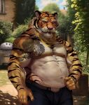  2023 abdominal_scar abs anthro arm_tattoo barechested belly belt biceps body_stripes bottomwear building chest_tattoo clock clothed clothing deltoids facial_scar felid gate gold_(metal) gold_jewelry gold_necklace grill hi_res house jewelry kotori male mammal manly mature_male musclegut muscular necklace obliques outside pantherine pants pecs plant scar shirtless shirtless_male shoulder_tattoo solo standing tattoo tiger topless topless_male triceps watch whiskers wristwatch 