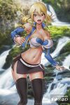  1girl blonde_hair breasts brown_eyes cleavage collarbone cowboy_shot fairy_tail hybridmink large_breasts looking_at_viewer lucy_heartfilia midriff miniskirt navel open_mouth patreon_username skirt solo tagme teeth thighhighs twintails upper_teeth_only zettai_ryouiki 