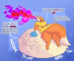  abdominal_bulge anthro burp_cloud burping butt dialogue eyewear female floatzel fur generation_4_pokemon glasses hi_res hisuian_form hisuian_typhlosion lying motion_lines nintendo on_front onomatopoeia orange_body orange_fur pokemon pokemon_(species) rear_view regional_form_(pokemon) relarity solo sound_effects speech_bubble text thick_thighs vore 