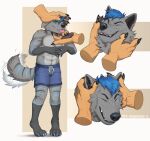  anthro blep bottomwear canid canine canis clothing ear_rub eyes_closed felfi male mammal petting shorts simple_background solo standing tongue tongue_out white_background wolf 
