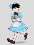  1boy alice_(alice_in_wonderland) alice_(alice_in_wonderland)_(cosplay) alice_in_wonderland apron black_eyes black_hair blue_bow blue_dress book bow bowtie brown_footwear commentary cosplay crossdressing dress english_commentary full_body gloves grey_background hair_bow highres holding holding_book kageyama_shigeo kneehighs kyokyeo male_focus mob_psycho_100 puffy_short_sleeves puffy_sleeves shoes short_hair short_sleeves simple_background socks solo tongari_boushi_no_atelier white_gloves white_socks 