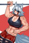  1girl animal_ears breasts cleavage exercise eyepatch ezzyecchi facepaint highres large_breasts muscular muscular_female original short_shorts shorts solo sweat tail tank_top thick_thighs thighhighs thighs torn_clothes wolf_girl 