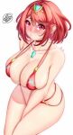  1girl alternate_costume anisdrawn bare_shoulders bikini blush bob_cut breasts closed_mouth collarbone commentary core_crystal_(xenoblade) embarrassed eyelashes hair_between_eyes halterneck highres invisible_chair large_breasts multi-strapped_bikini_bottom pyra_(xenoblade) red_bikini red_hair short_hair side-tie_bikini_bottom simple_background sitting solo sweat swept_bangs swimsuit tiara translation_request white_background xenoblade_chronicles_(series) xenoblade_chronicles_2 