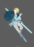  1girl alternate_costume blonde_hair blue_dress blue_footwear boots breasts commentary dress fire_emblem fire_emblem:_three_houses forehead full_body fur_trim green_eyes grey_background grey_pants highres holding_lightsaber ingrid_brandl_galatea long_sleeves medium_breasts pants short_dress short_hair silvercandy_gum simple_background solo star_wars torn_clothes wide_sleeves 