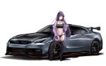  1girl black_camisole black_choker black_hair black_thighhighs breasts camisole car choker cleavage commission crop_top gloves grey_jacket hand_on_own_hip hand_on_own_thigh high_heels highres jacket long_hair medium_breasts motor_vehicle navel nissan nissan_gt-r nougat_(73r1r1) original purple_footwear purple_gloves red_eyes shadow solo spoiler_(automobile) sports_car thighhighs vehicle_focus very_long_hair 