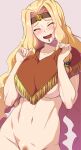  1girl 846-gou blonde_hair blush bottomless breasts chin_piercing closed_eyes collarbone commentary_request fate/grand_order fate_(series) female_pubic_hair headband highres large_breasts long_hair navel open_mouth parted_bangs poncho pubic_hair quetzalcoatl_(fate) smile solo underboob 