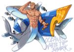  5_fingers abs absurd_res ambiguous_gender beard biceps carcharhinus countershade_torso countershading dorsal_fin ear_fins english_text eyebrows facial_hair facial_scar feral fin fingers fish gills group hair hi_res holding_object holding_shield legless male marine merfolk mondoart muscular muscular_male oceanic_whitetip_shark pecs requiem_shark scar shark shark_merfolk shield simple_background smile split_form tail tail_fin text white_background x_scar 