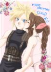  1boy 1girl aerith_gainsborough belt blonde_hair blue_eyes blue_shirt blush braid braided_ponytail brown_belt brown_hair character_name choker closed_eyes cloud_strife couple dated dress final_fantasy final_fantasy_vii final_fantasy_vii_remake hair_ribbon happy_birthday hetero holding_another&#039;s_arm kirishima_saya kiss kissing_cheek long_hair multiple_belts parted_bangs pink_background pink_dress pink_ribbon ribbon ribbon_choker shirt short_hair sidelocks sign single_braid sleeveless sleeveless_dress sleeveless_turtleneck spiked_hair suspenders turtleneck upper_body wavy_hair wide-eyed 