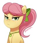  earth_pony equid equine eyebrows fur green_eyes hair hasbro hi_res horse jewelry looking_at_viewer mammal marenlicious mlp_g5 my_little_pony necklace pink_eyebrows pink_hair pony ponytail posey_(g5) simple_background stern_look white_background yellow_body yellow_fur 