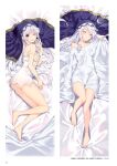  1girl ;p bare_arms bare_legs barefoot bed_sheet breasts closed_eyes collarbone dakimakura_(medium) eris_(konosuba) from_above full_body hair_censor highres index_finger_raised kono_subarashii_sekai_ni_shukufuku_wo! long_hair looking_at_viewer lying mishima_kurone negligee official_art on_back on_side one_eye_closed page_number red_eyes sideboob sleeping small_breasts solo strap_slip tongue tongue_out under_covers veil very_long_hair white_hair white_negligee 