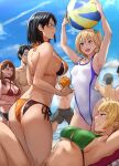 3girls 4boys armpits arms_up ass bikini black_eyes black_hair blonde_hair breasts brown_hair character_request cleavage competition_swimsuit daraz glasses haikyuu!! highres long_hair looking_at_another lying multiple_boys multiple_girls one-piece_swimsuit open_mouth purple_eyes short_hair smile swimsuit 